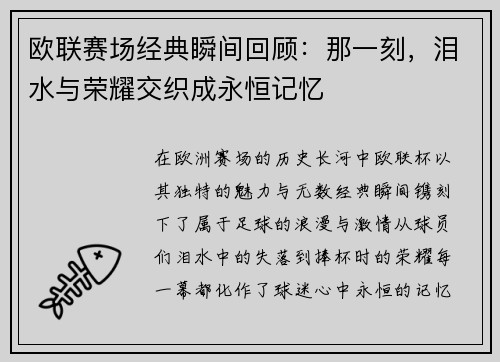 欧联赛场经典瞬间回顾：那一刻，泪水与荣耀交织成永恒记忆