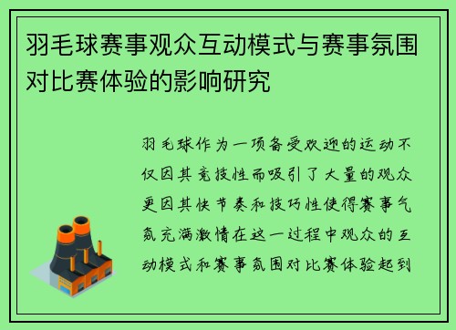 羽毛球赛事观众互动模式与赛事氛围对比赛体验的影响研究